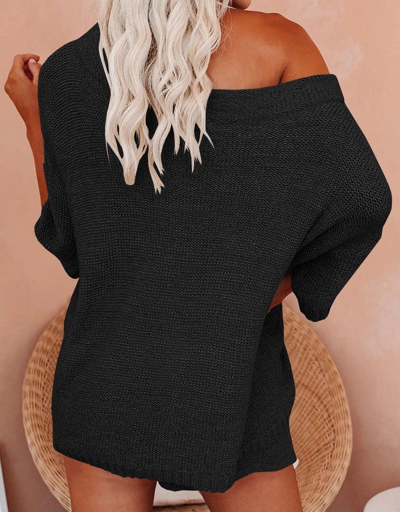 Ermonn Womens 2 Piece Outfits Sweater Sets Off Shoulder Knit Tops Waist Short Suits Casual Pajama Set Romper Jumpsuits Black - Image 3